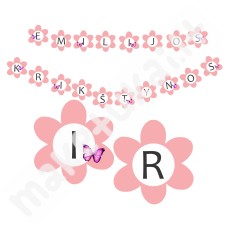 Popierinė gėlyčių girlianda "Rožinės gėlytės-drugeliai" su norimu užrašu