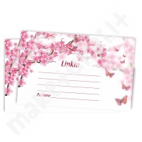 Linkėjimų kortelė (rožinė-balta, gėlytės, drugeliai)