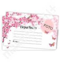 Personalizuota Linkėjimų kortelė (rožinė-balta, gėlytės, drugeliai)