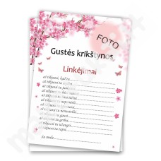 Personalizuota linkėjimų kortelė 1 (rožinė-balta, gėlytės, drugeliai)