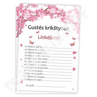 Linkėjimų kortelė 1 (rožinė-balta, gėlytės, drugeliai)