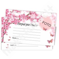 Personalizuota pasižadėjimų kortelė (rožinė-balta, gėlytės, drugeliai) 