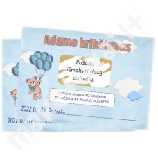 Personalizuota pasižadėjimų kortelė su nutrinamu sluoksniu"Meškiukas-balionas-melsva"